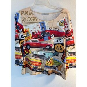 Bellissima Route 66 Vintage Car Graphic Top 3/4 Sleeve Americana Size Large